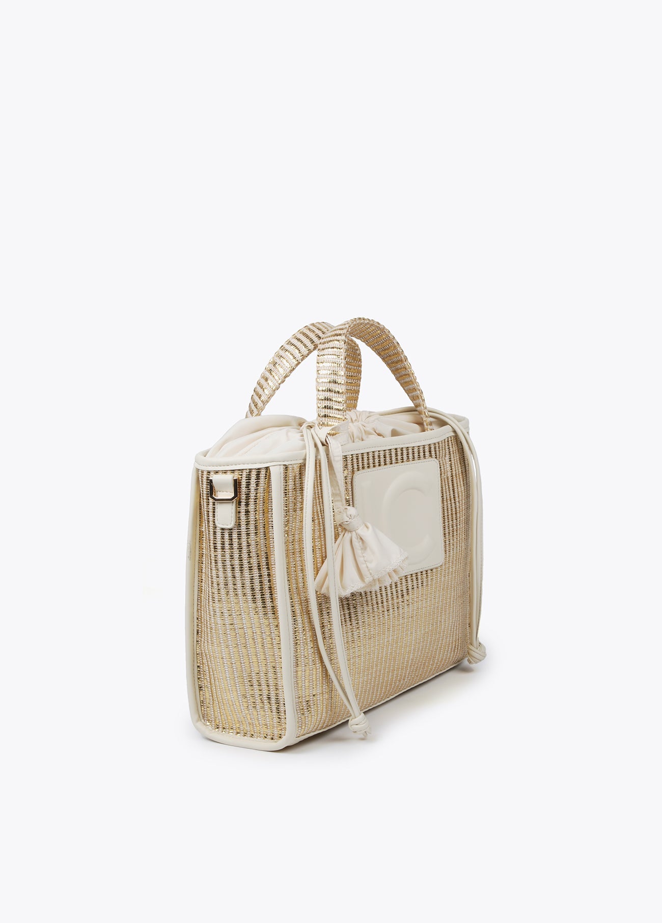 Small metallic raffia-effect tote bag