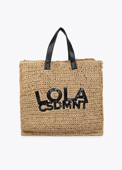 Raffia-effect bag with glittery logo detail
