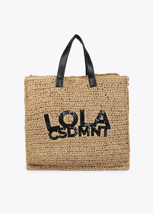 Raffia-effect bag with glittery logo detail