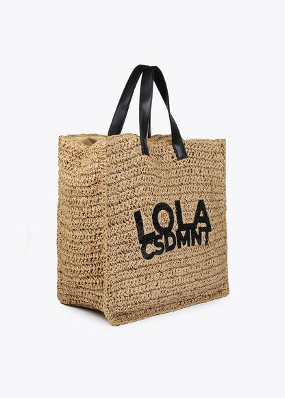 Raffia-effect bag with glittery logo detail