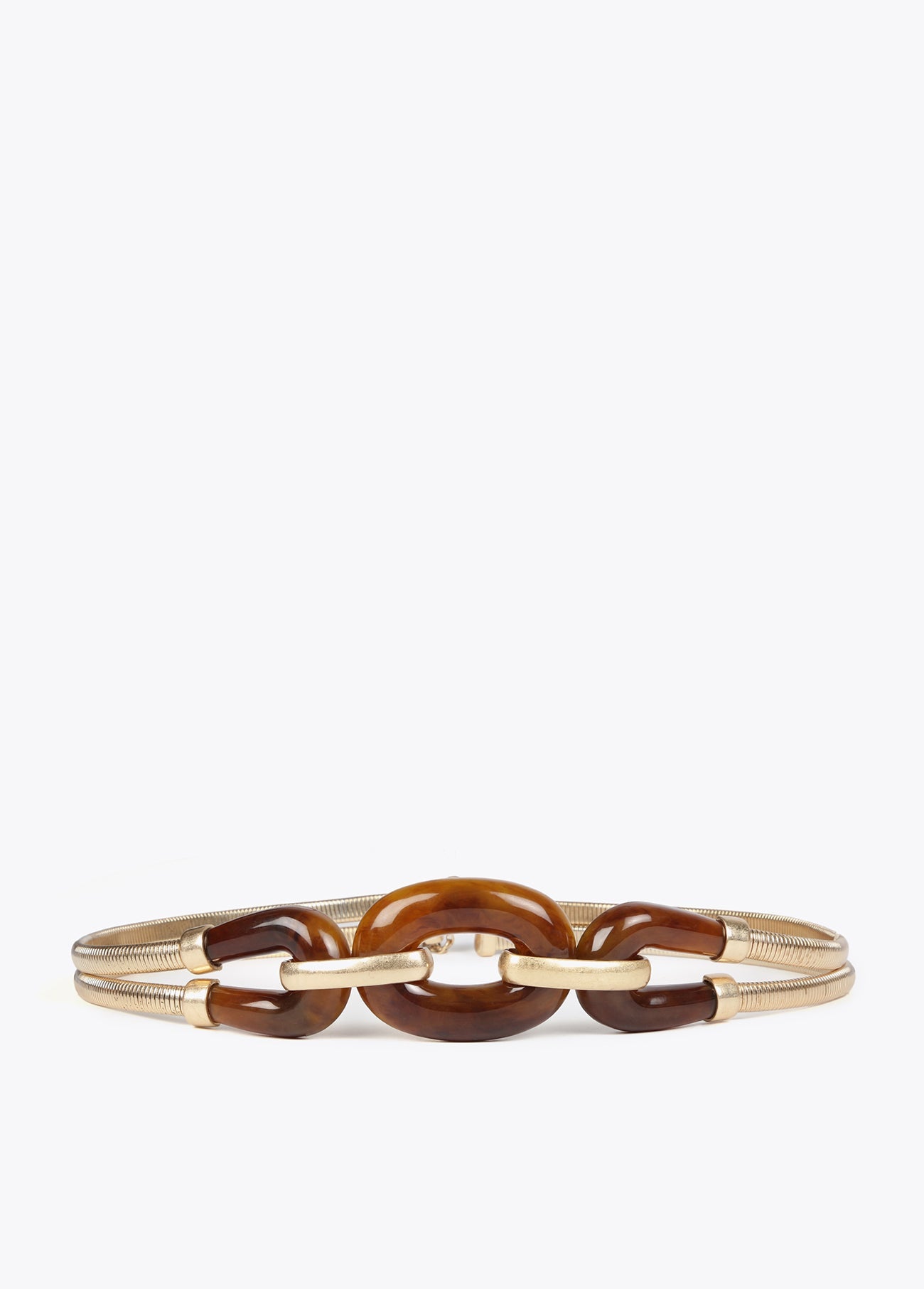 Stretch metal belt with tortoiseshell pieces