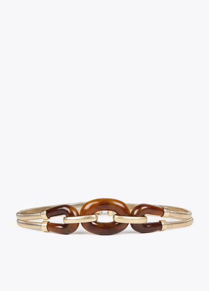 Stretch metal belt with tortoiseshell pieces