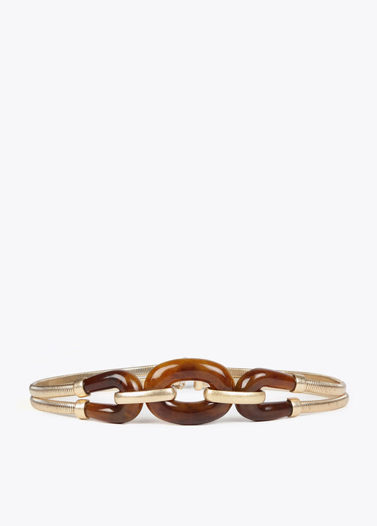 Stretch metal belt with tortoiseshell pieces