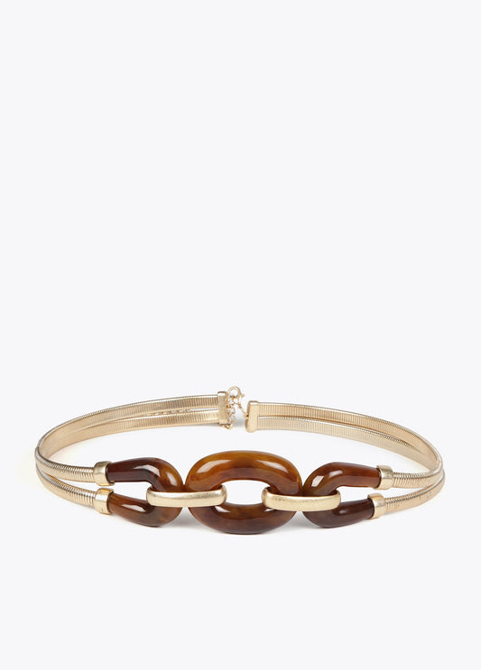 Stretch metal belt with tortoiseshell pieces