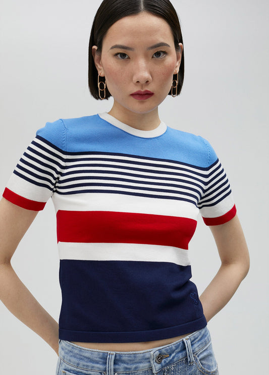 Multicoloured knit sweater with short sleeves