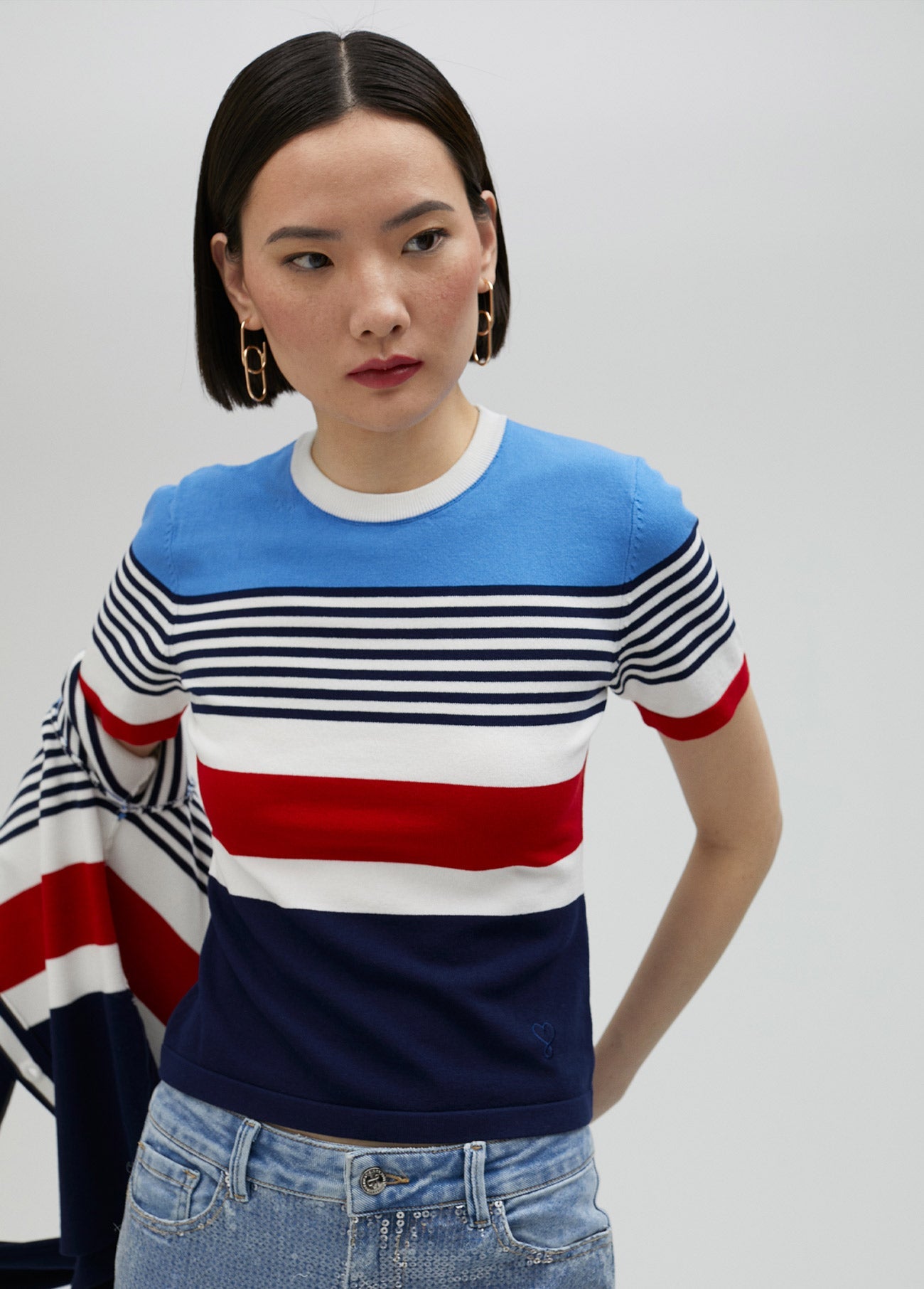 Multicoloured knit sweater with short sleeves