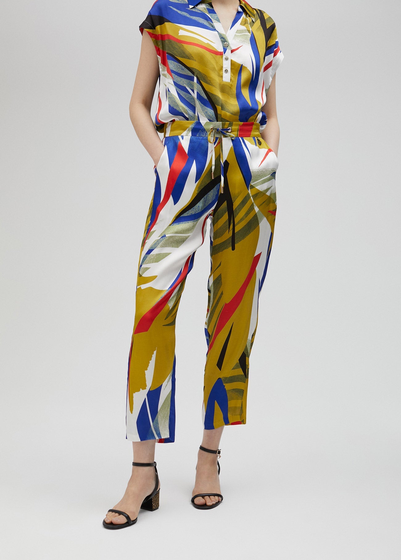 Tropical print satin joggers