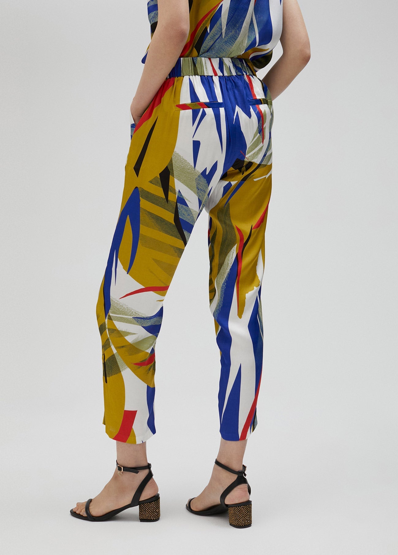 Tropical print satin joggers