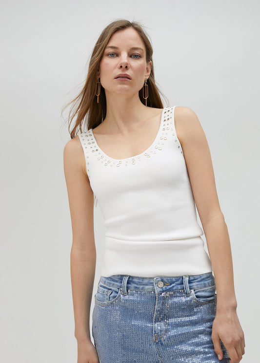 Knit top with rhinestone neckline