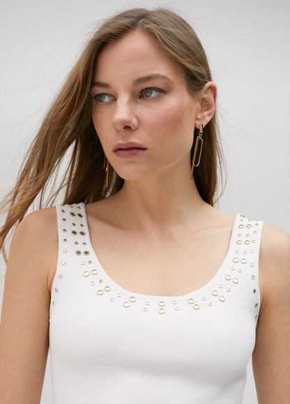 Knit top with rhinestone neckline