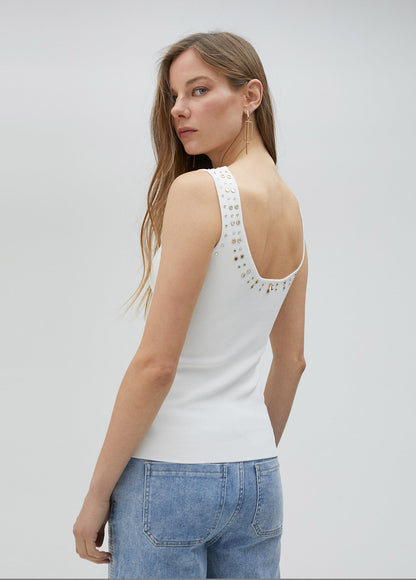 Knit top with rhinestone neckline