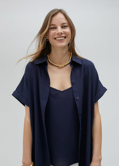 Long oversize blouse with rhinestone detail