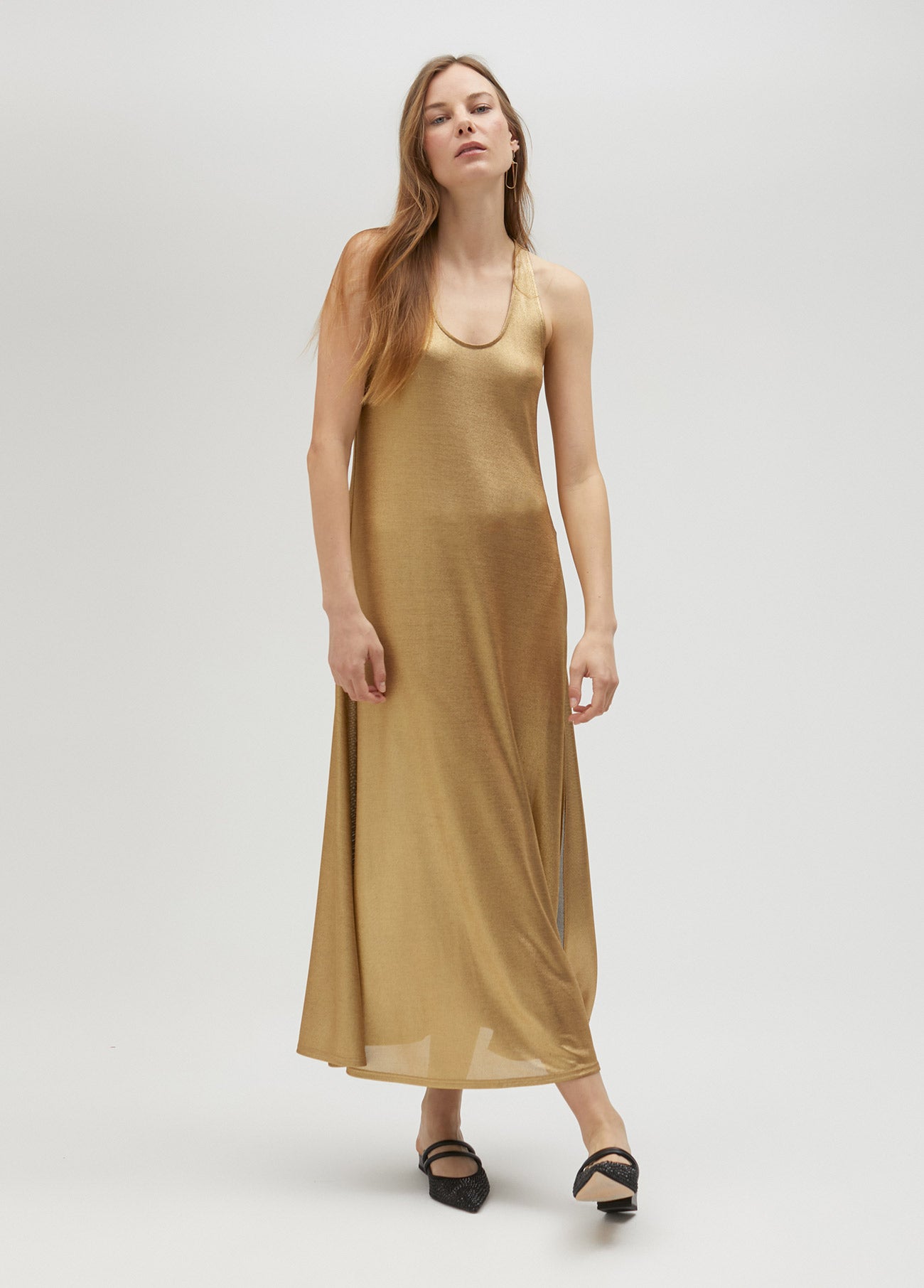 Long gold strappy dress