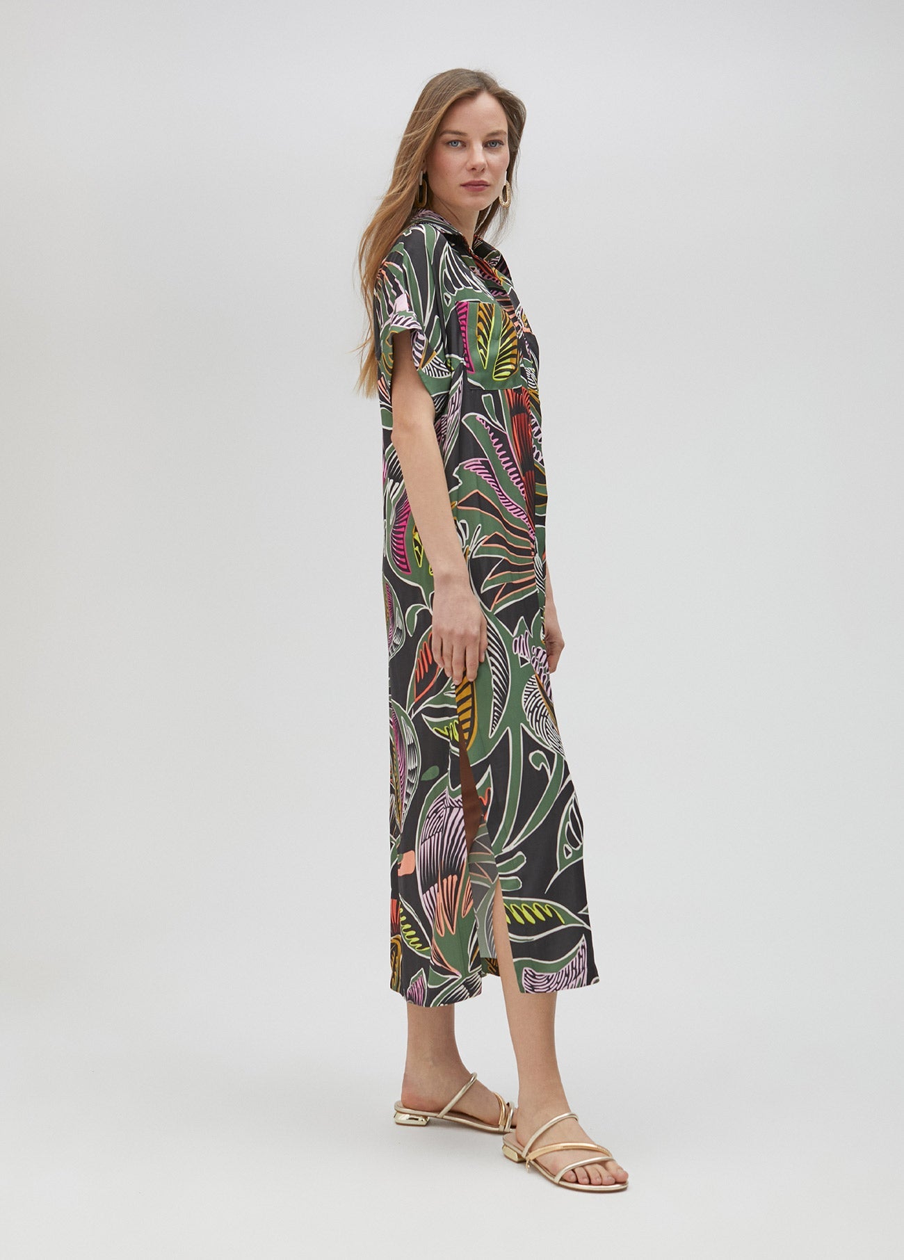 Tropical print shirt dress