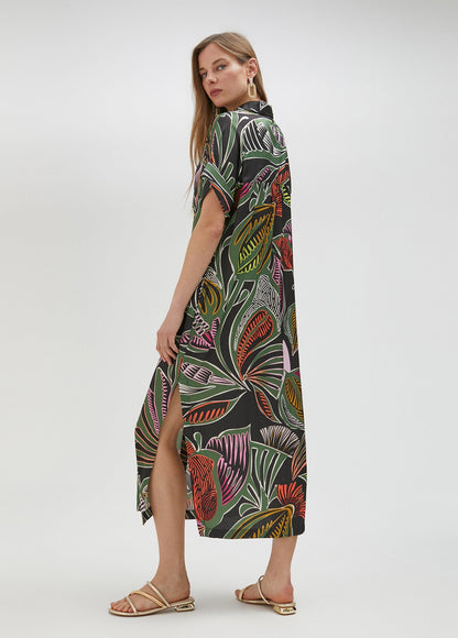 Tropical print shirt dress
