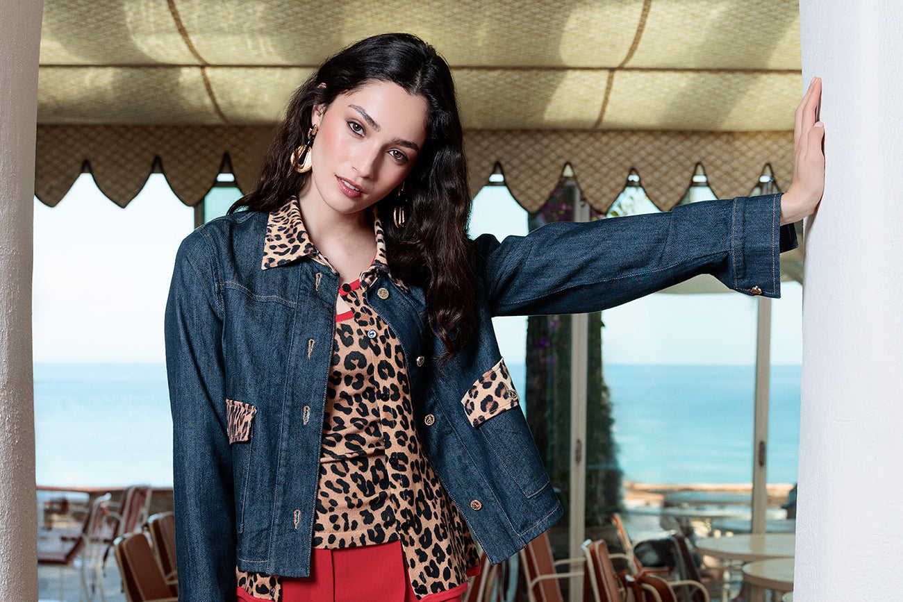 Short Denim Jacket with Leopard Collar and Flap Details