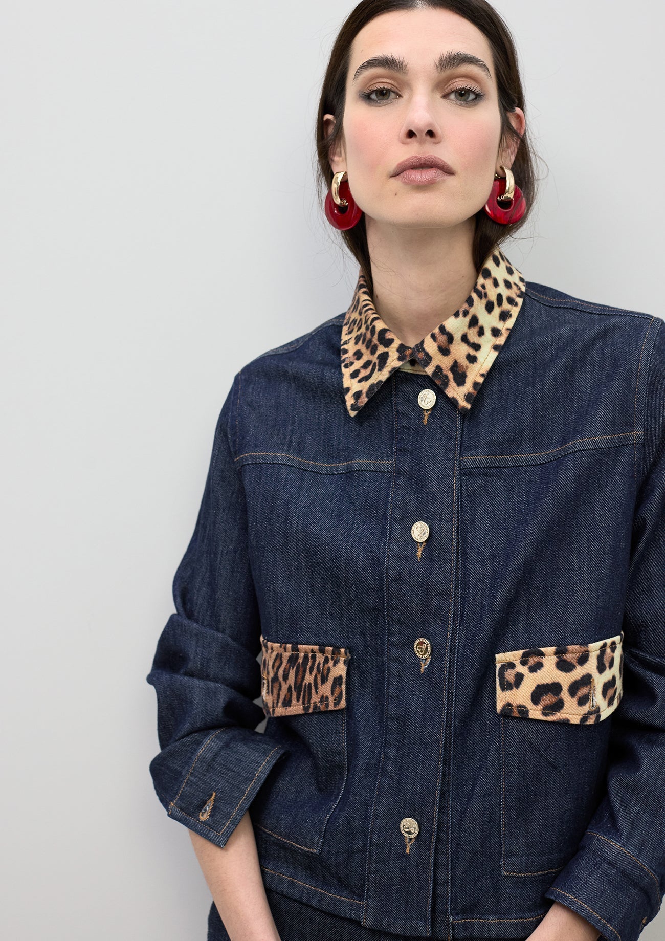 Short Denim Jacket with Leopard Collar and Flap Details