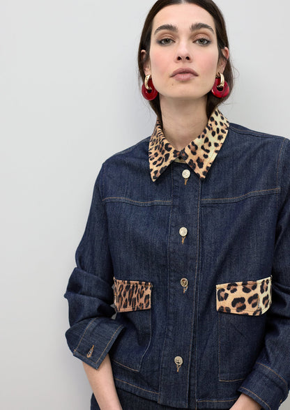 Short Denim Jacket with Leopard Collar and Flap Details