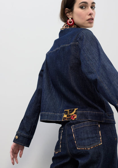 Short Denim Jacket with Leopard Collar and Flap Details