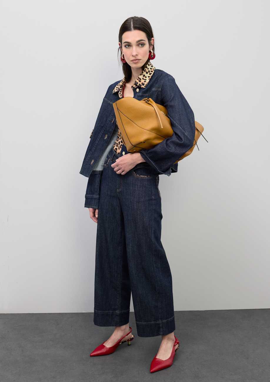 Short Denim Jacket with Leopard Collar and Flap Details