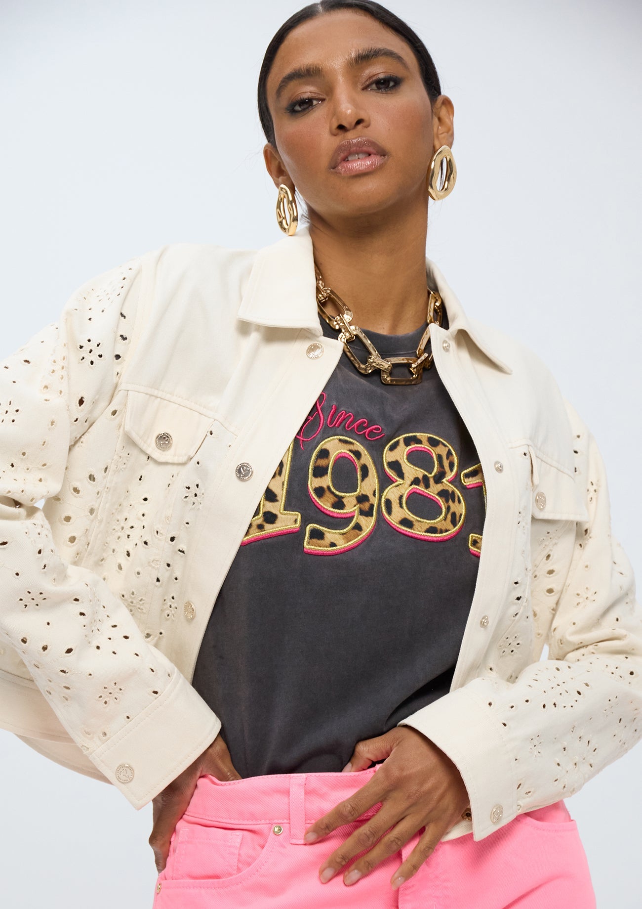 Twill Denim-style Jacket with Broderie Anglaise