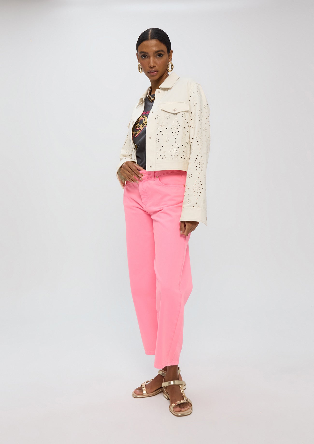 Twill Denim-style Jacket with Broderie Anglaise