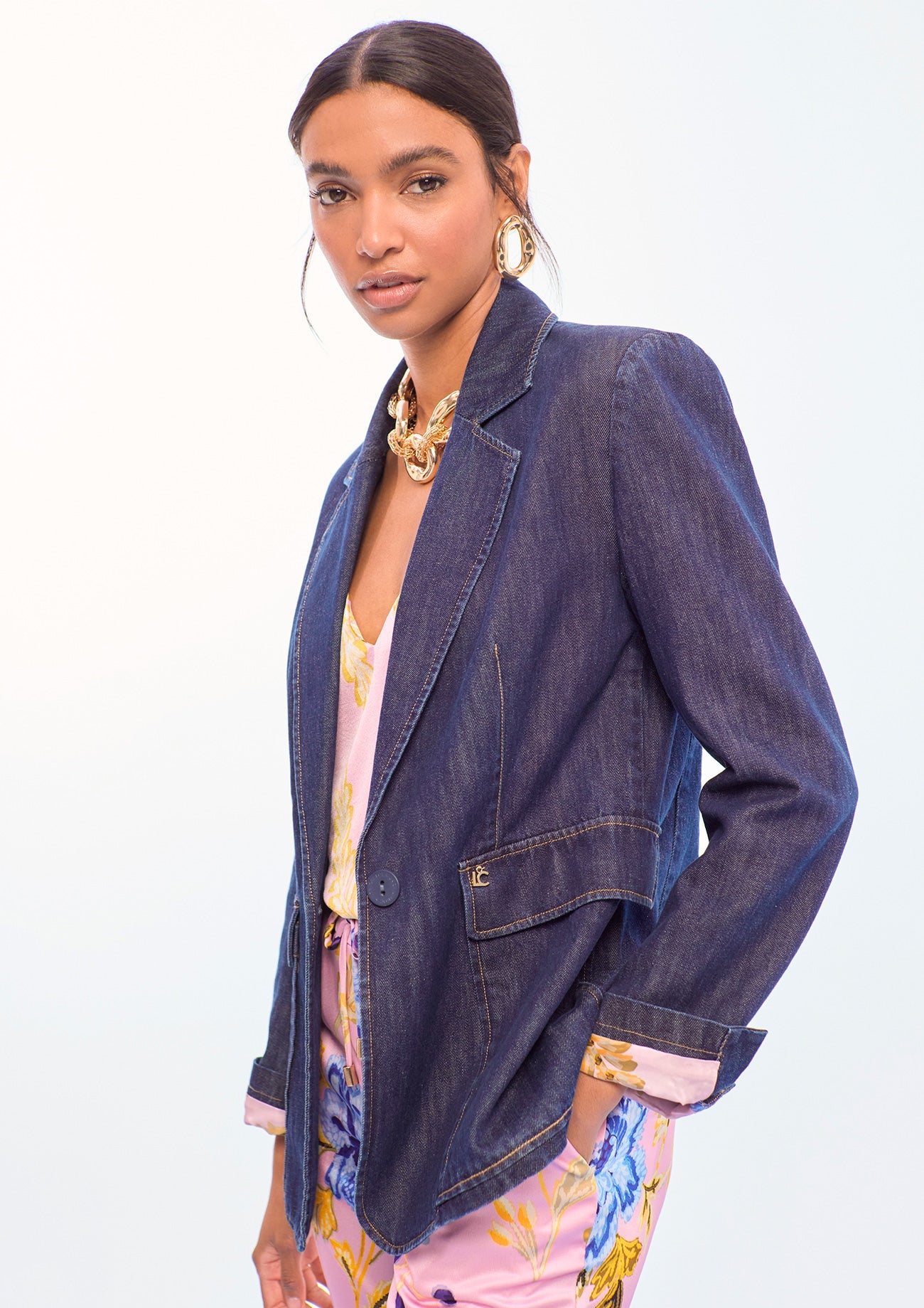 Fitted Denim Blazer with Patch Pockets