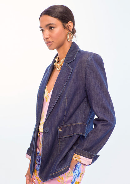 Fitted Denim Blazer with Patch Pockets