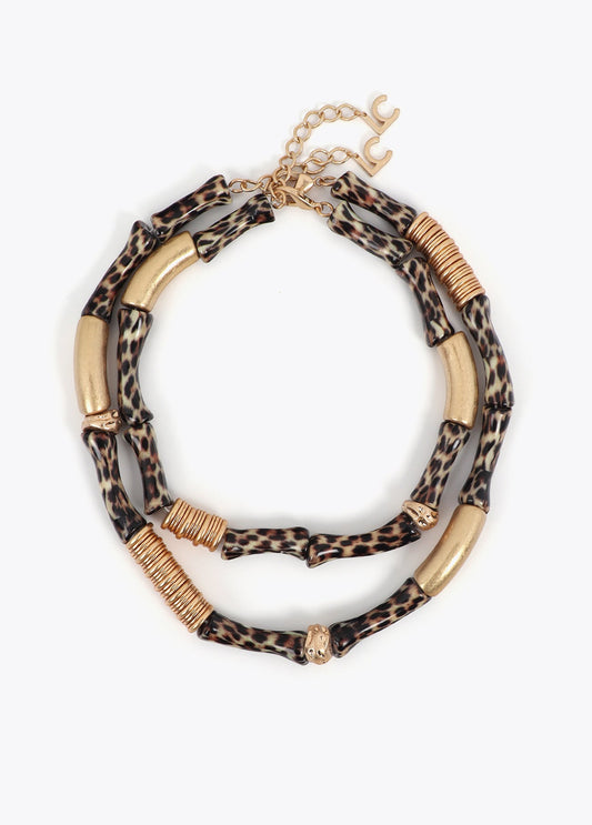 Set of Two Necklaces with Metallic Bamboo Effect and Animal Print