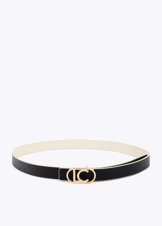 Reversible belt with oval logo buckle