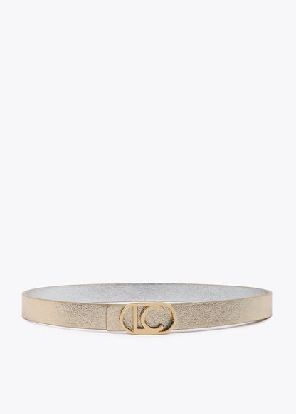 Reversible belt with oval logo buckle