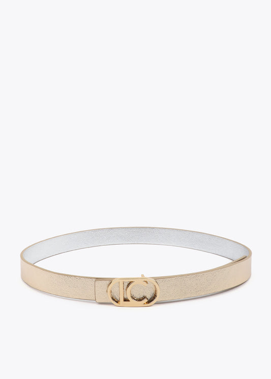 Reversible belt with oval logo buckle