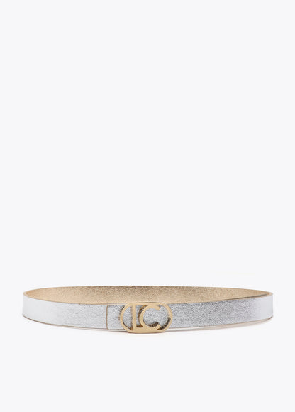 Reversible belt with oval logo buckle