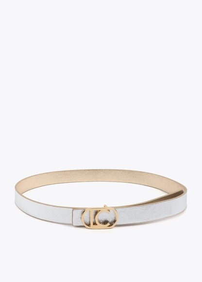 Reversible belt with oval logo buckle