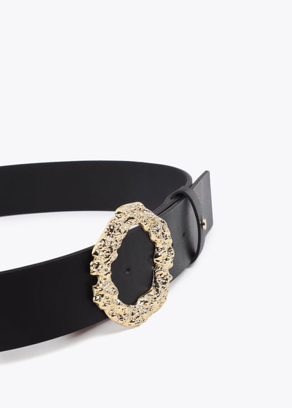Textured Buckle Belt with Stitched Logo