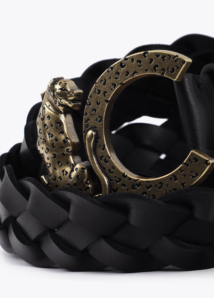 Reversible Braided Faux Leather Belt with Animal Logo Buckle