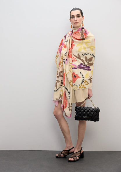 Printed Scarf with Floral and Bird Motifs