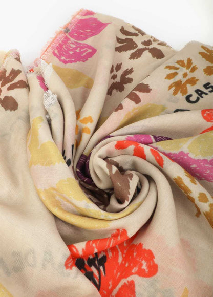 Printed Scarf with Floral and Bird Motifs