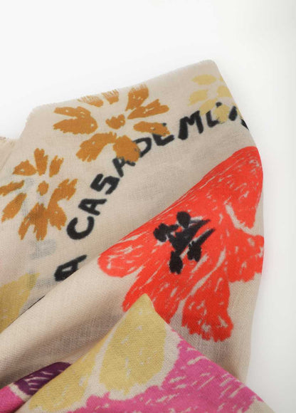 Printed Scarf with Floral and Bird Motifs