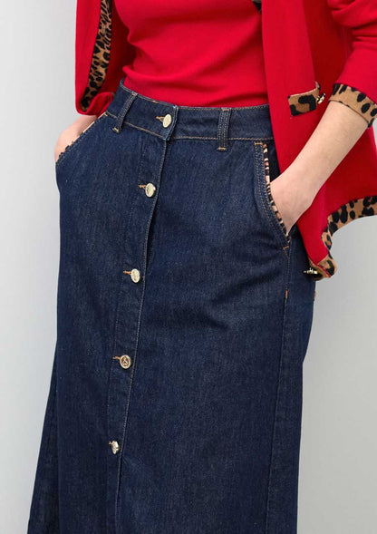 Long Denim Skirt with Leopard Trim Details on Pockets