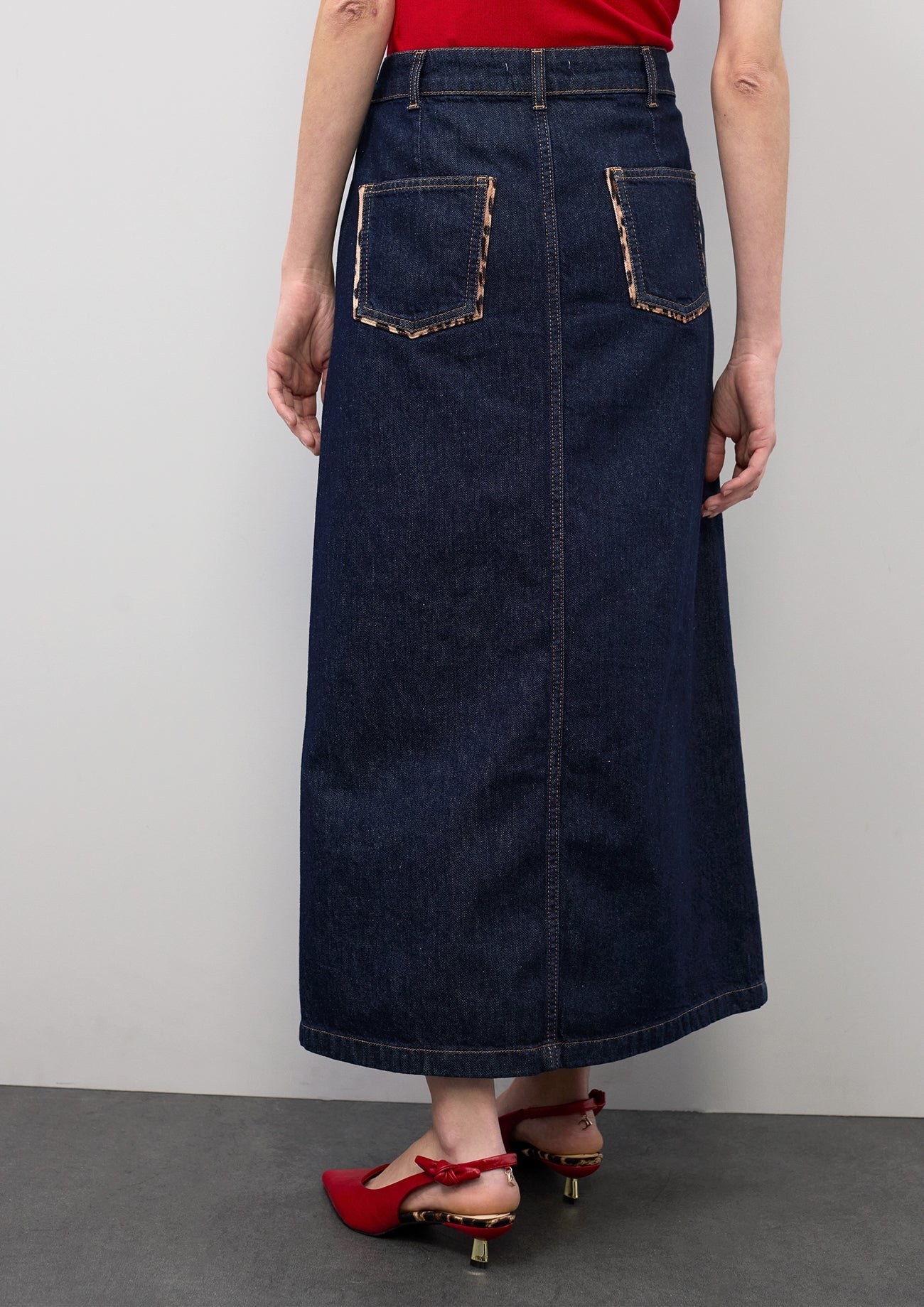 Long Denim Skirt with Leopard Trim Details on Pockets