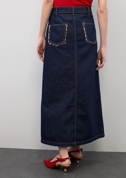 Long Denim Skirt with Leopard Trim Details on Pockets