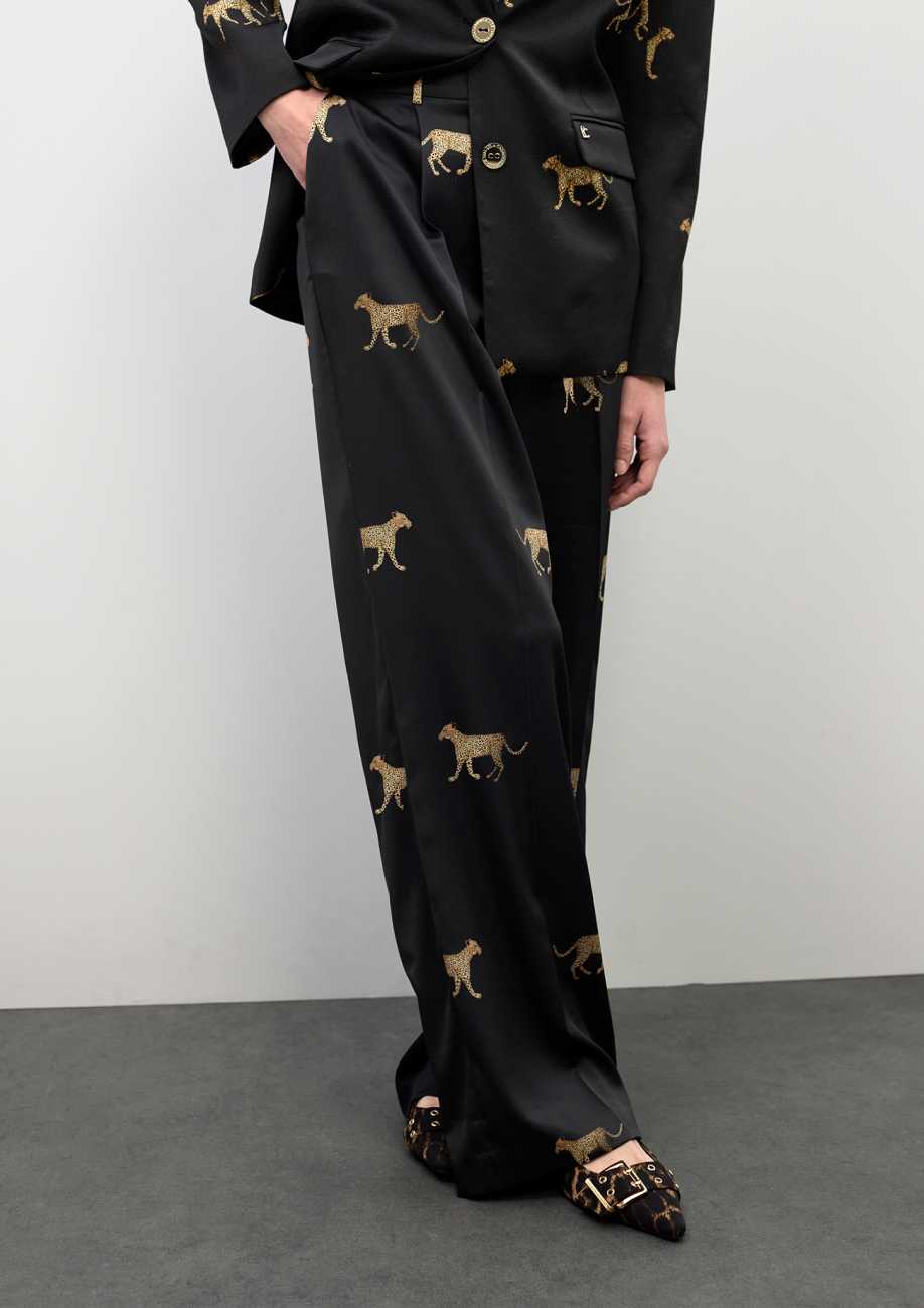 Pleated Satin Leopard Print Pants
