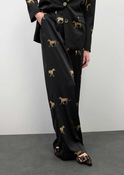 Pleated Satin Leopard Print Pants