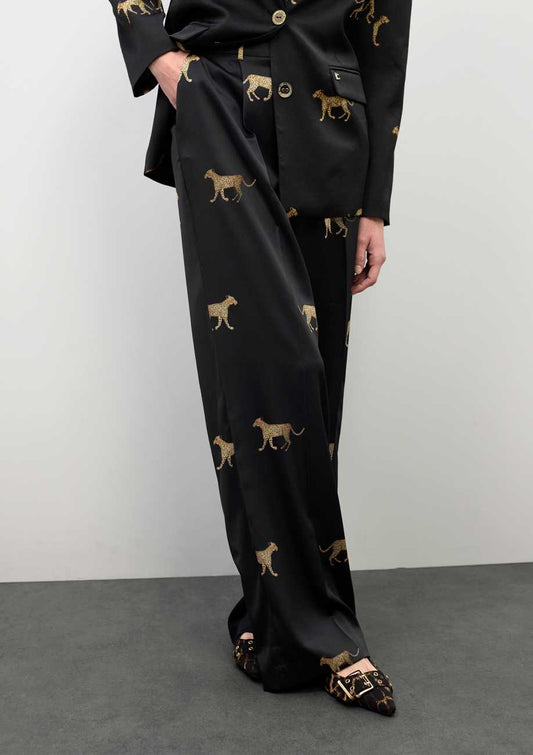 Pleated Satin Leopard Print Pants