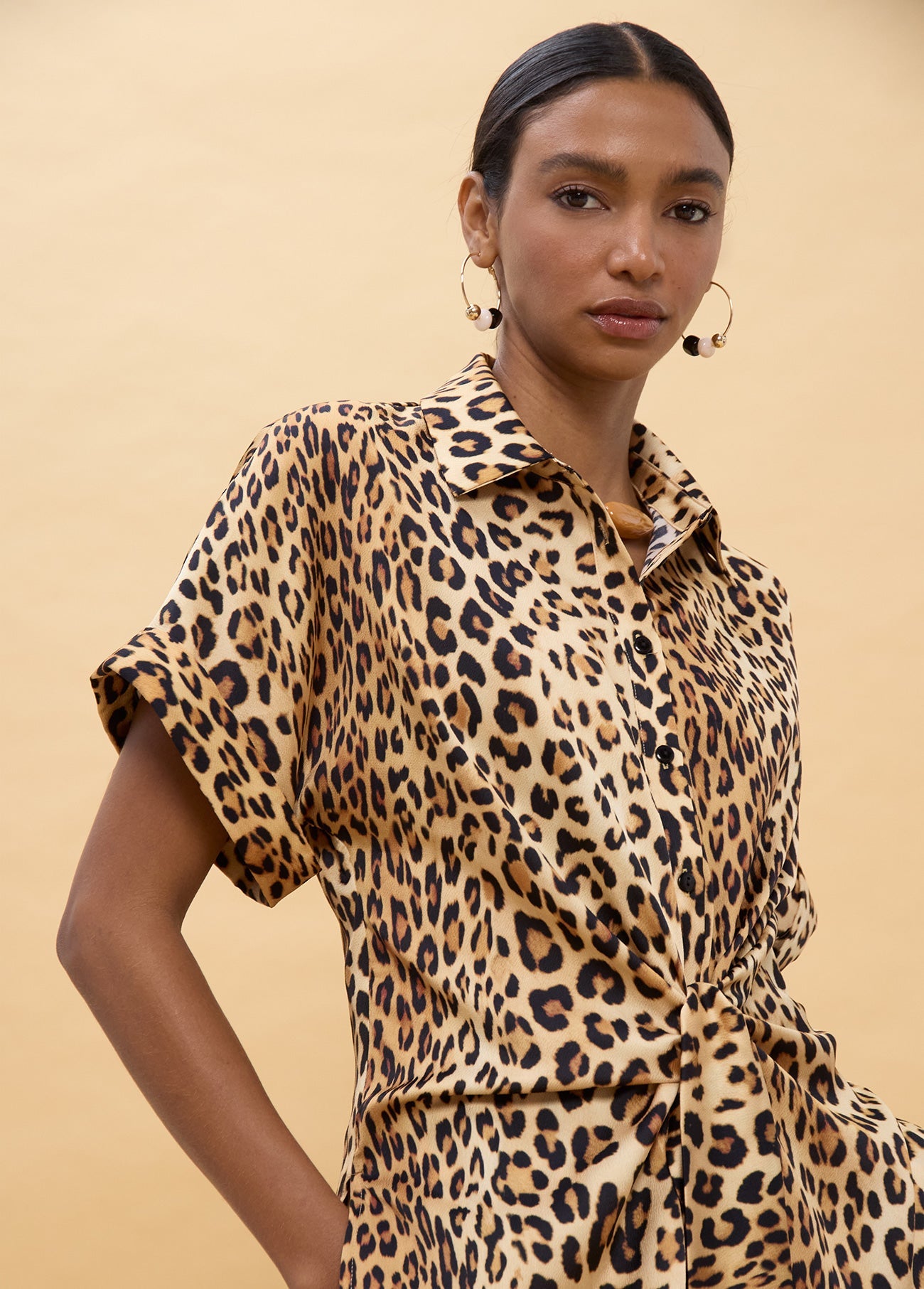 Short Sleeve Knot Animal Print Shirt