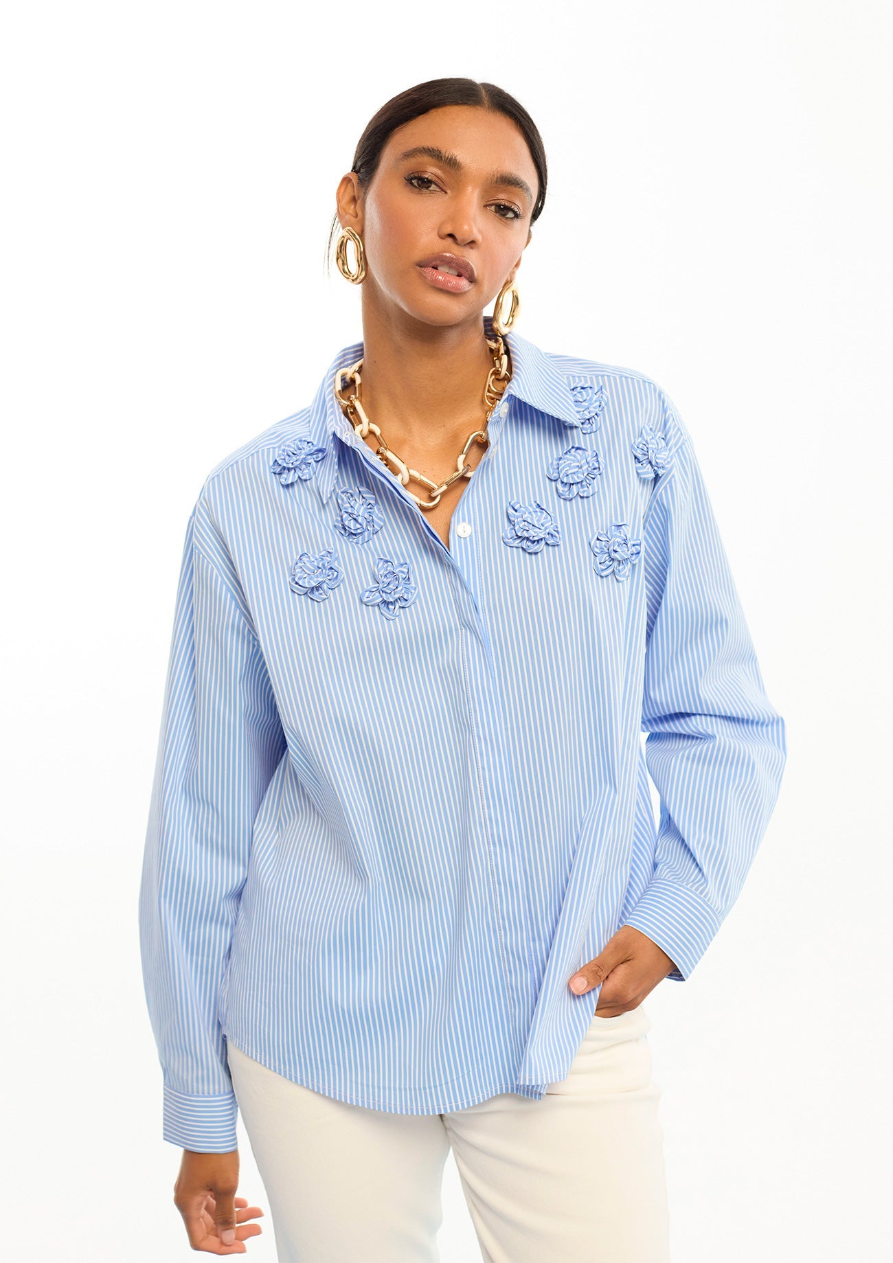 Striped Poplin Shirt with Shoulder Flowers