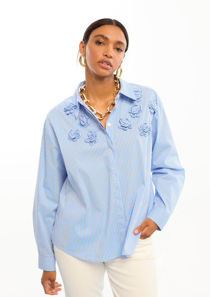 Striped Poplin Shirt with Shoulder Flowers