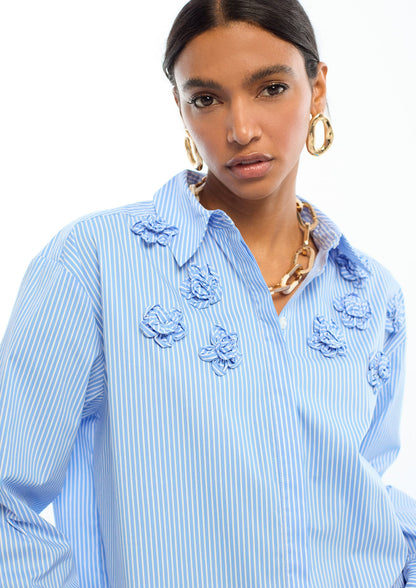 Striped Poplin Shirt with Shoulder Flowers