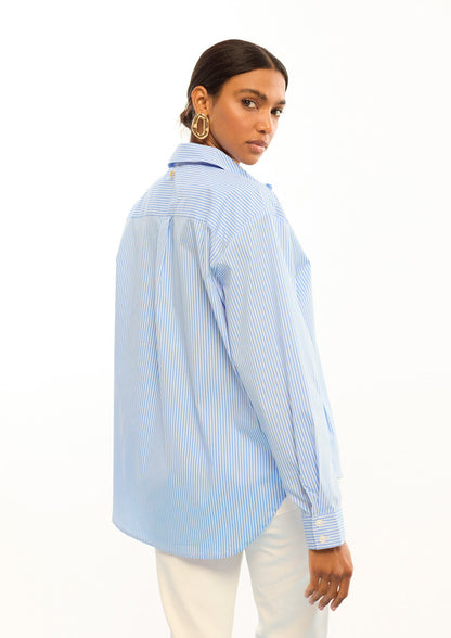 Striped Poplin Shirt with Shoulder Flowers